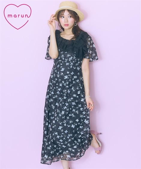 ロング・マキシ丈/半袖 大きいサイズ 衿元チュールドッキングワンピース　marun