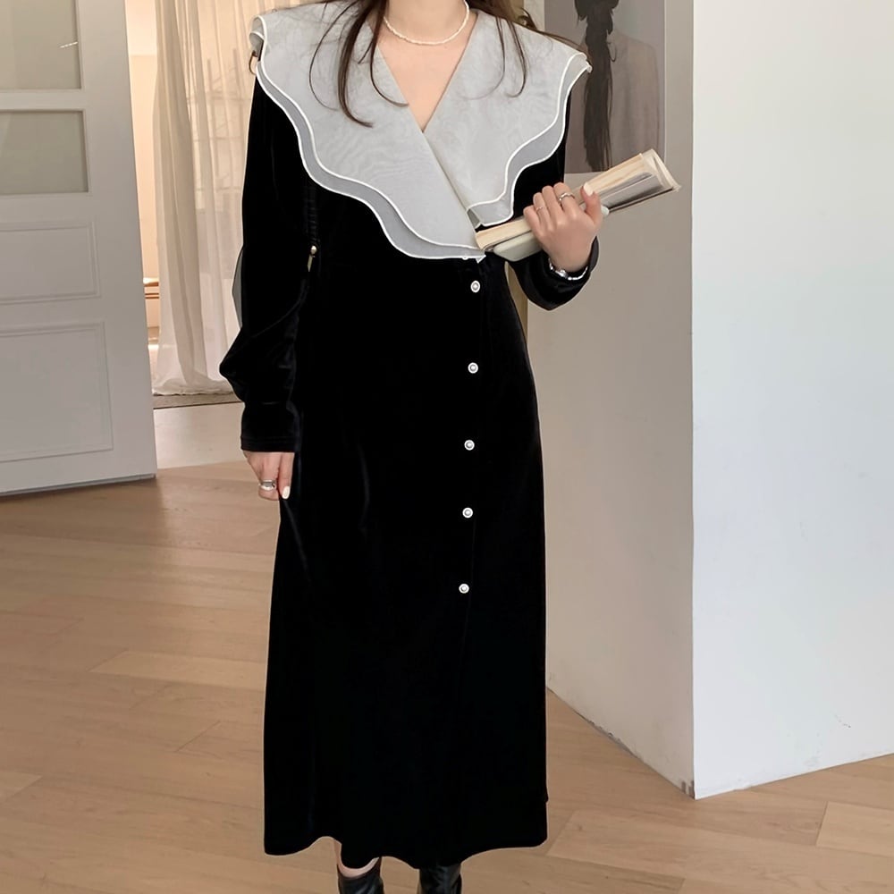 ワンピース Vネック 黒 ブラック 長袖 ビッグカラー ベルベッド 結婚式 女子会 サイドボタン