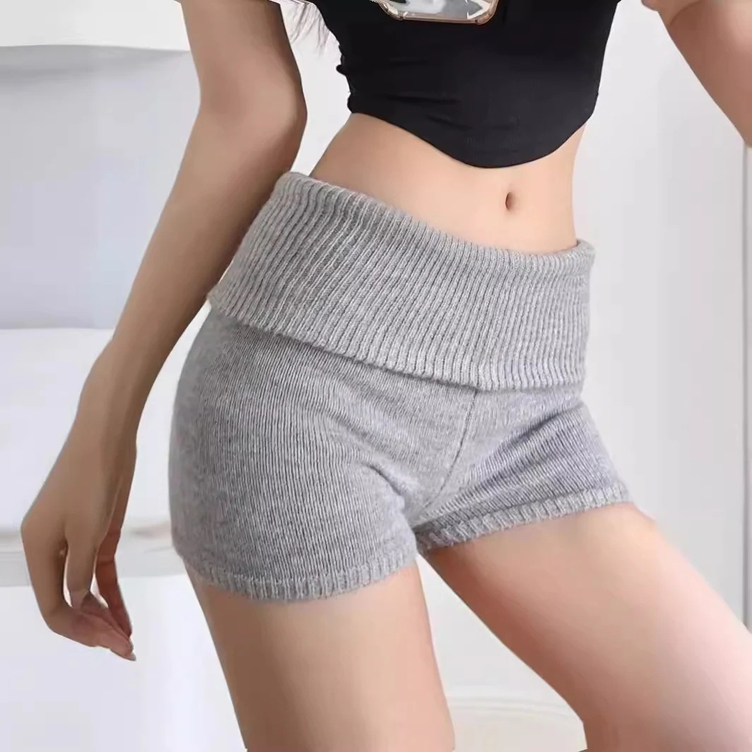 春と秋向けのセクシーなローライズニット ショートパンツボディコンの二重リブウエストスリムフィットショートパンツ七分丈