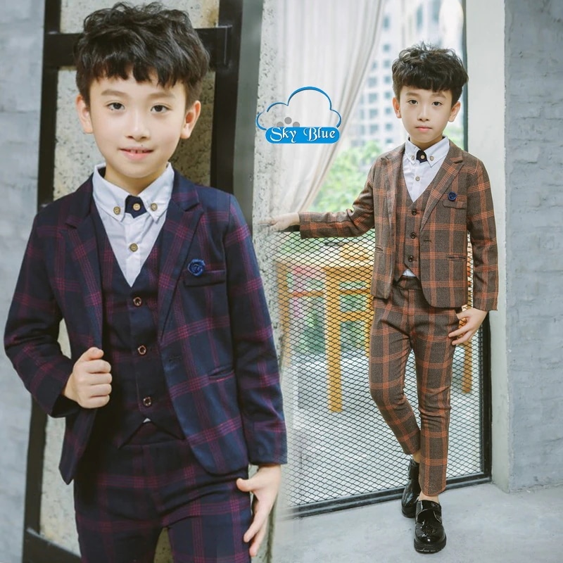 Skyblueフォーマルスーツ 上下セット タキシード 男の子 スーツ キッズ 子供 3点セット ベスト チェック柄 ジュニア 入学式 入園式 卒業式 七五三 結婚式 発表会