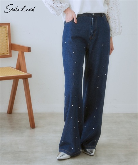 ロングパンツ 大きいサイズ 綿１００％スタッズ付デザインデニムパンツ ゆったりヒップ