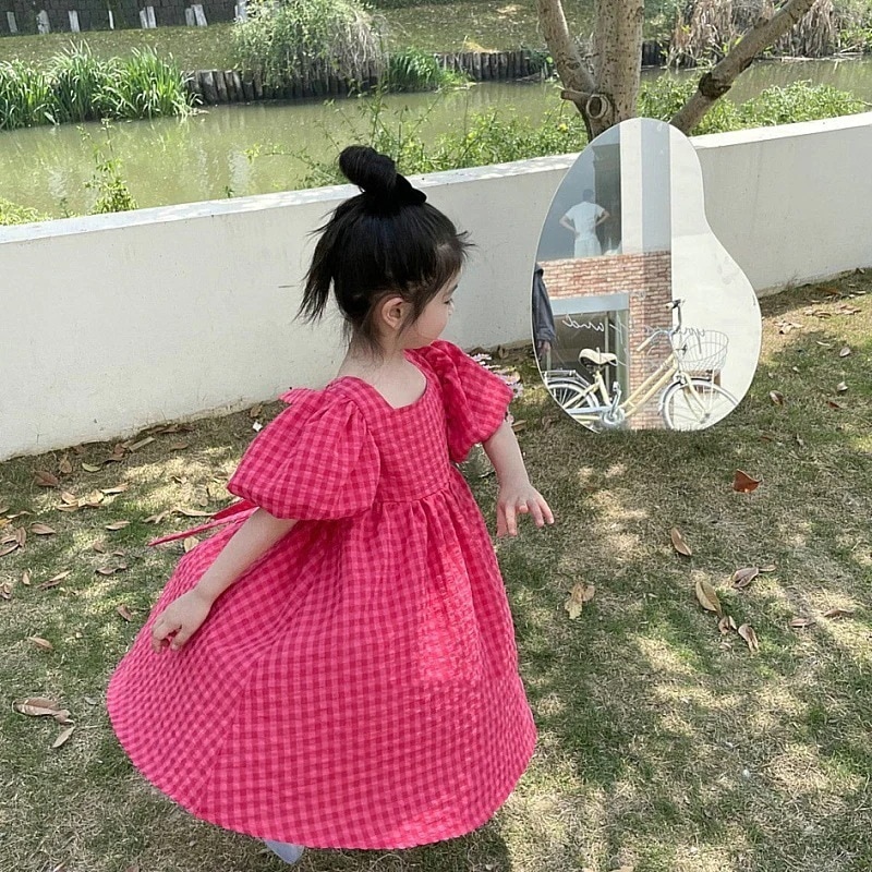 ワンピース キッズ 女の子 バブルスリーブチェック リボンワンピース 夏服 新モデル 子供 韓国