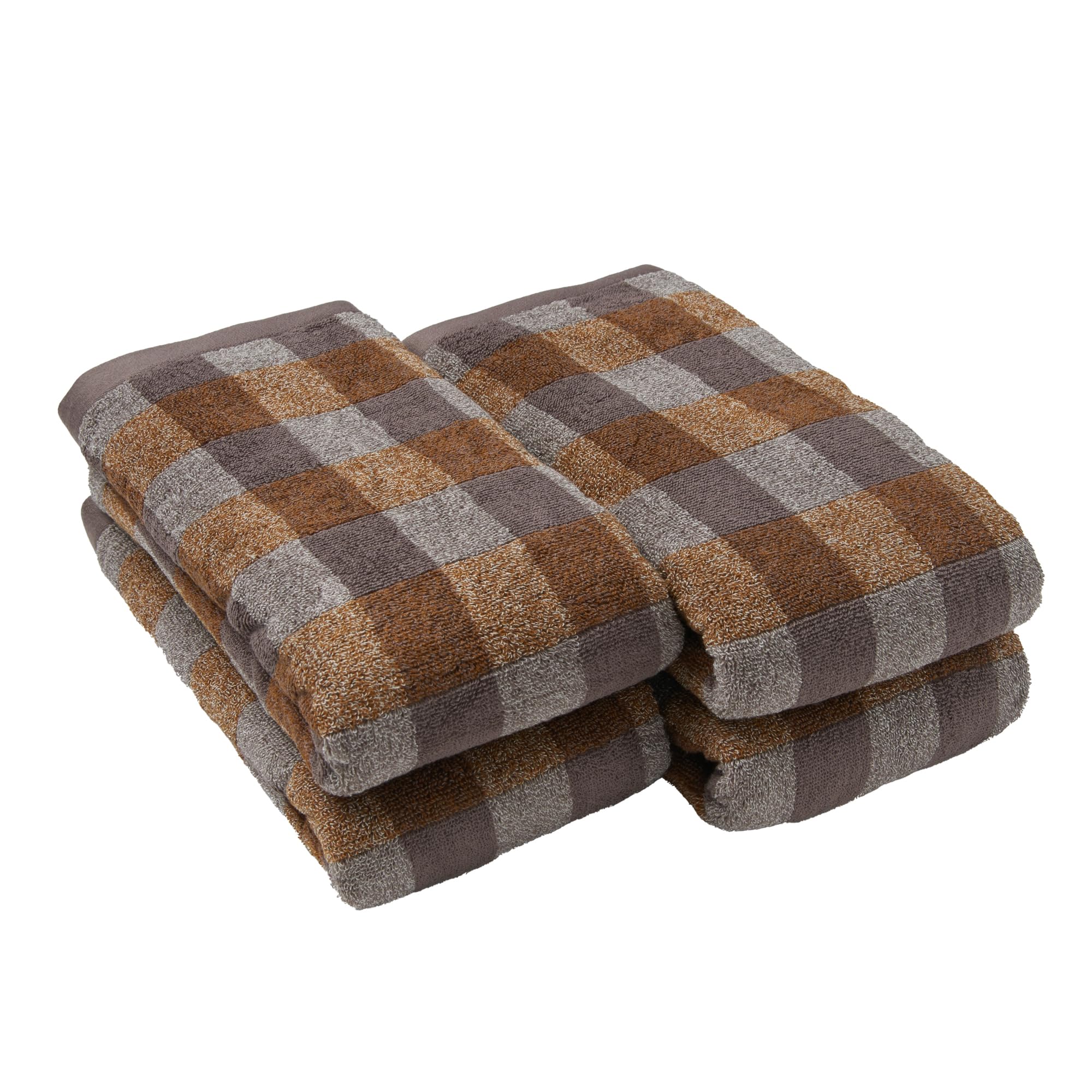 無印良品 ふっくらパイルバスタオル(柄)・4枚組 60×120cm・スモーキーイエローチェック/やわらか 84345746