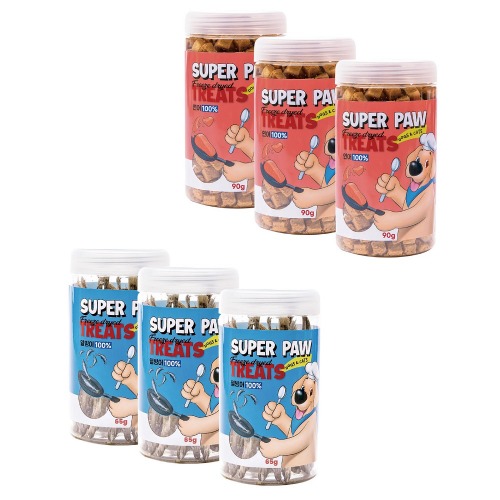 スーパーポウフリーズドライトリートサーモン90g x 3 +熱氷魚65g x 3子犬猫ペット犬ペット
