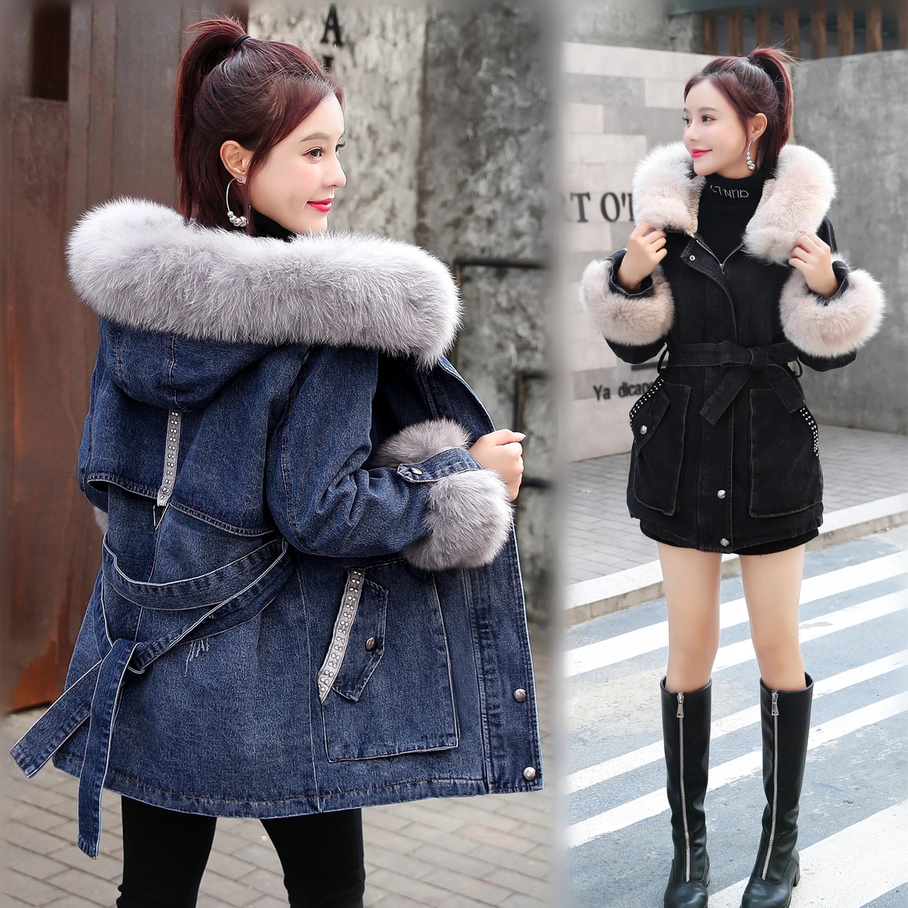 デニムジャケット レディース デニムコート ファーコート ロング 裏ボア ファー付き 防寒着 冬服 ベルト付き 高級感 アウター 可愛い