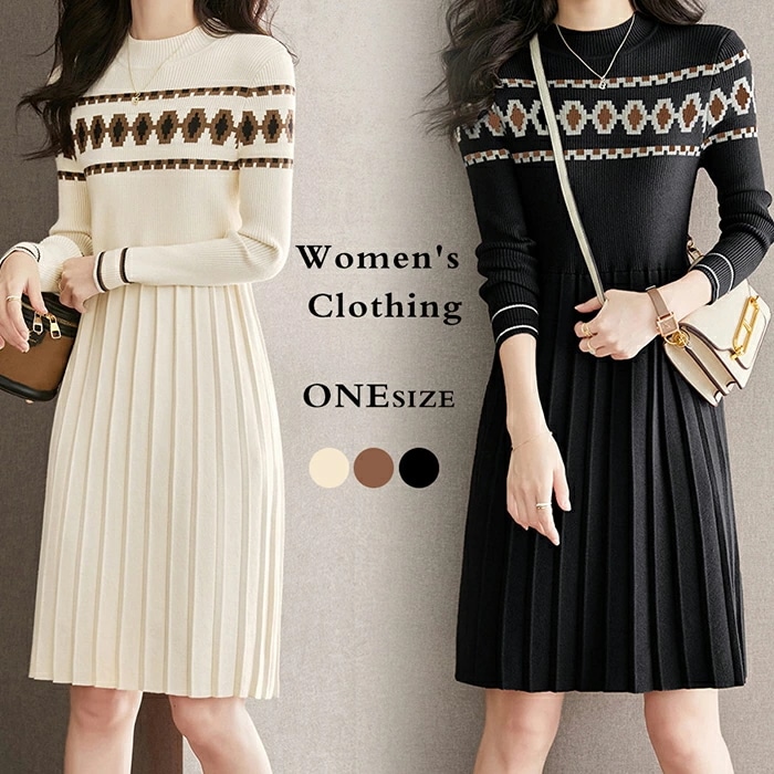 主役級 ニットワンピース ワンピース ドレス レディース 秋冬 リブニット 膝下 ロング丈 袖あり 長袖 リブニット 切り替え プリーツ ライン入り 高見え シンプル カジュアル ストレッチ素材 カッ