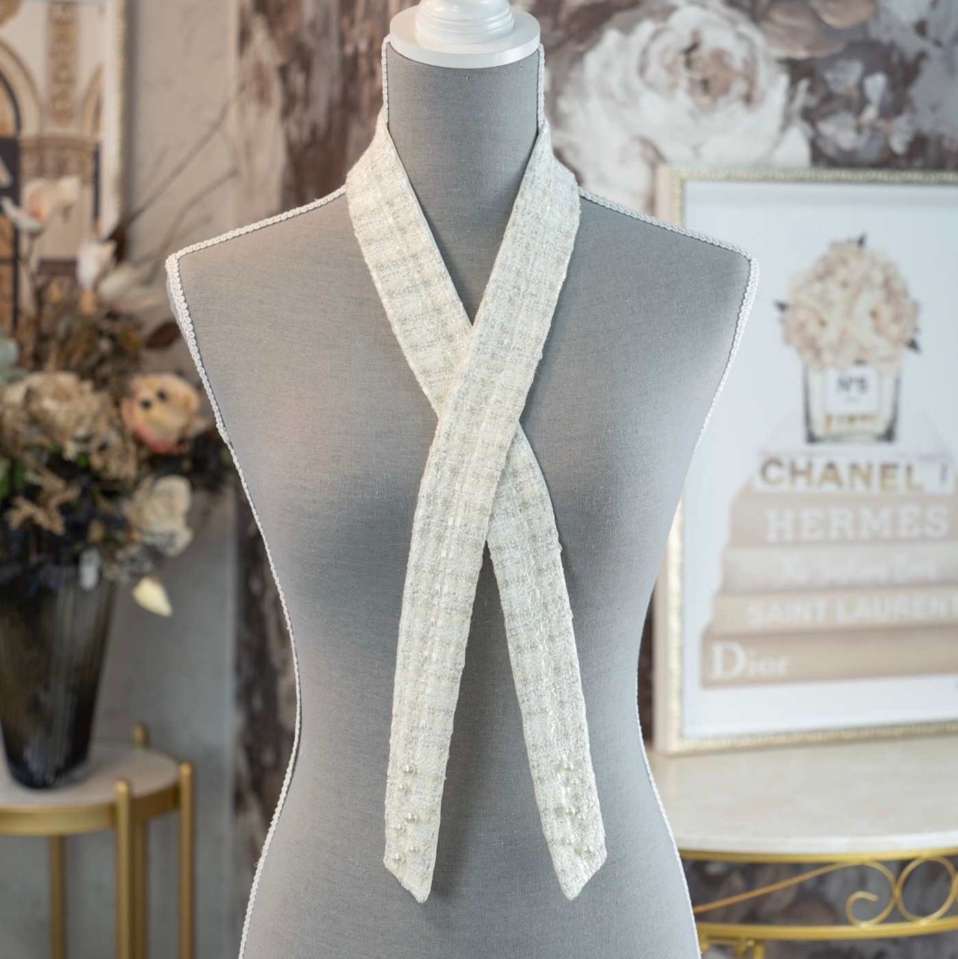 White blanche pearl ツイードリボンスカーフ