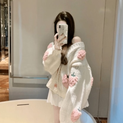 刺繍セーター トップス カーディガン スイート ガーリー ミディアム丈 袖あり 長袖 Vネック