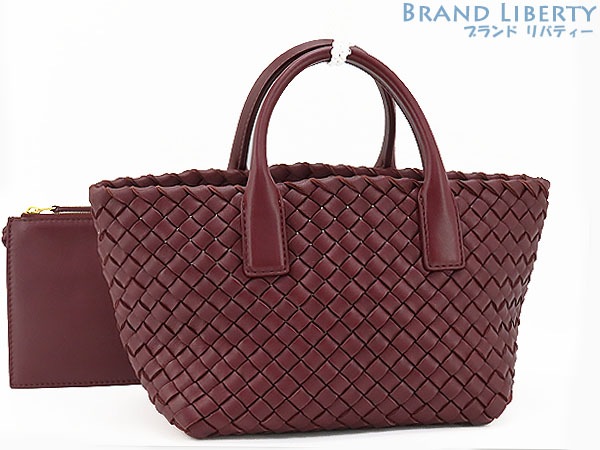 ほぼ新品ボッテガヴェネタイントレチャートミニカバミニトートバッグハンドバッグポーチ付きボルドーラムレザー709464