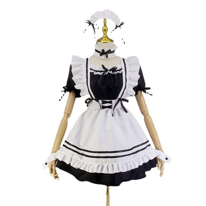 メイド服 コスプレ 仮装 ロリータ ワンピース 半袖 可愛い ハロウィン パーティー イベント 演出服 蝶結ぶ カチューシャ ニーハイソックス付き