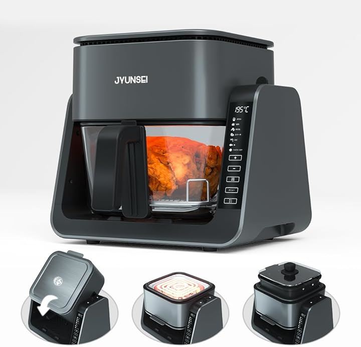 ノンフライヤー 2in1 エアフライヤー＆グリルパン 4L+1.5L 大容量 家庭用 最高温230℃ ノンオイル 唐揚げ/焼き魚対応 1～5人 デジタルタッチパネル 可視窓(グレー)