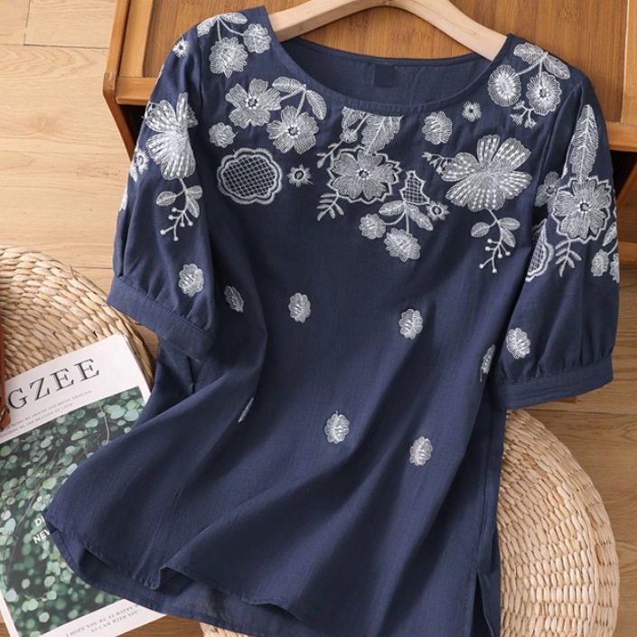 レディース トップス シャツ ブラウス プルオーバー 半袖 ラウンドネック 襟なし ワイド フェミニン 刺繍 薄手 リネン かわいい 大人可愛い きれいめ シンプル カジュアル 上品 おしゃれ レトロ