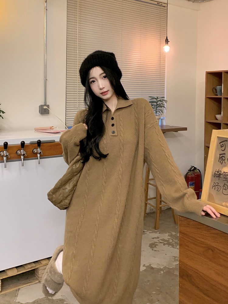 怠惰な風のジャンパーニットワンピース秋と冬の新しい女性の緩いカジュアルなワンステップスカートの長いセクションのビッグヤード