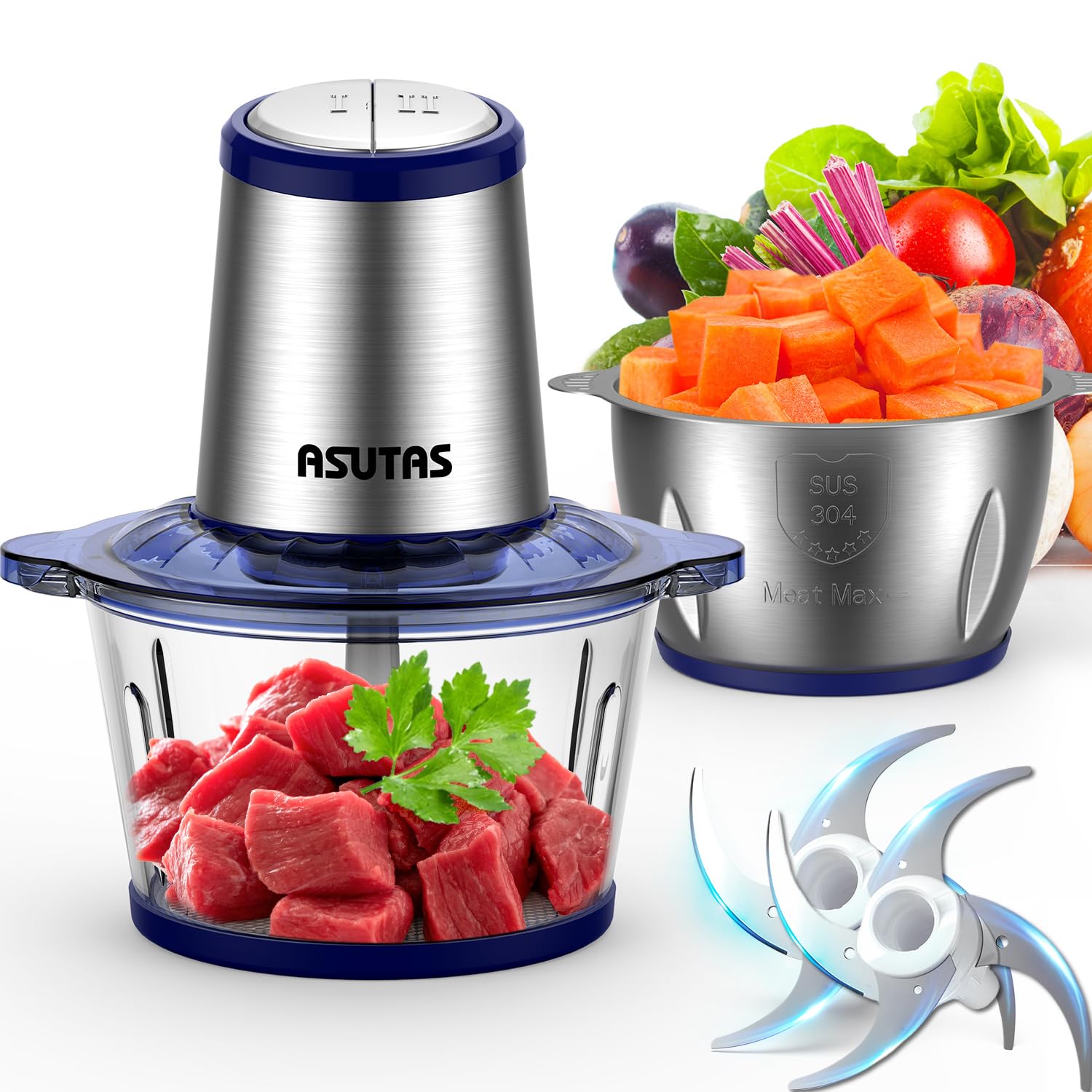 ASUTAS フードプロセッサー 2L大容量 【2ボウル】 1台5役 (刻む・混ぜる・潰す・砕く・粗おろし) 400Wハイパワー 2段階スピード 4枚刃カッター フードチョッパー 氷も砕ける ブレンダ