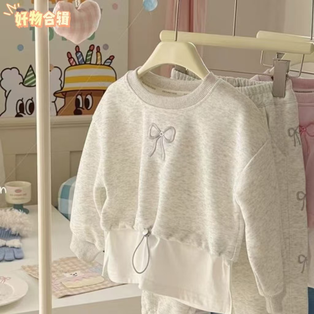 2024 秋ガールズボウトレーナー韓国スタイル子供ラウンドネックトップカジュアルスウェットパンツスーツ 2 点セット