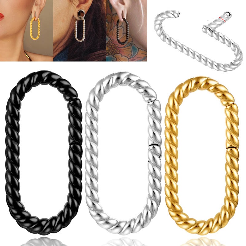 ボディピアス 6G ツイストクサリチェーン型マグネットクリッカー ステンレス 磁石 蝶番 装着簡単 6ゲージ ヒンジ付き 楕円形 黒色 銀色 金色 男性 女性 乳首 縄 鎖 hd811xxxxxxxx