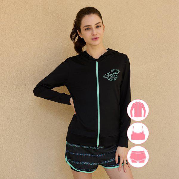 女性インフードジップアップラッシュガードビーチショートパンツセットBEL-X215K