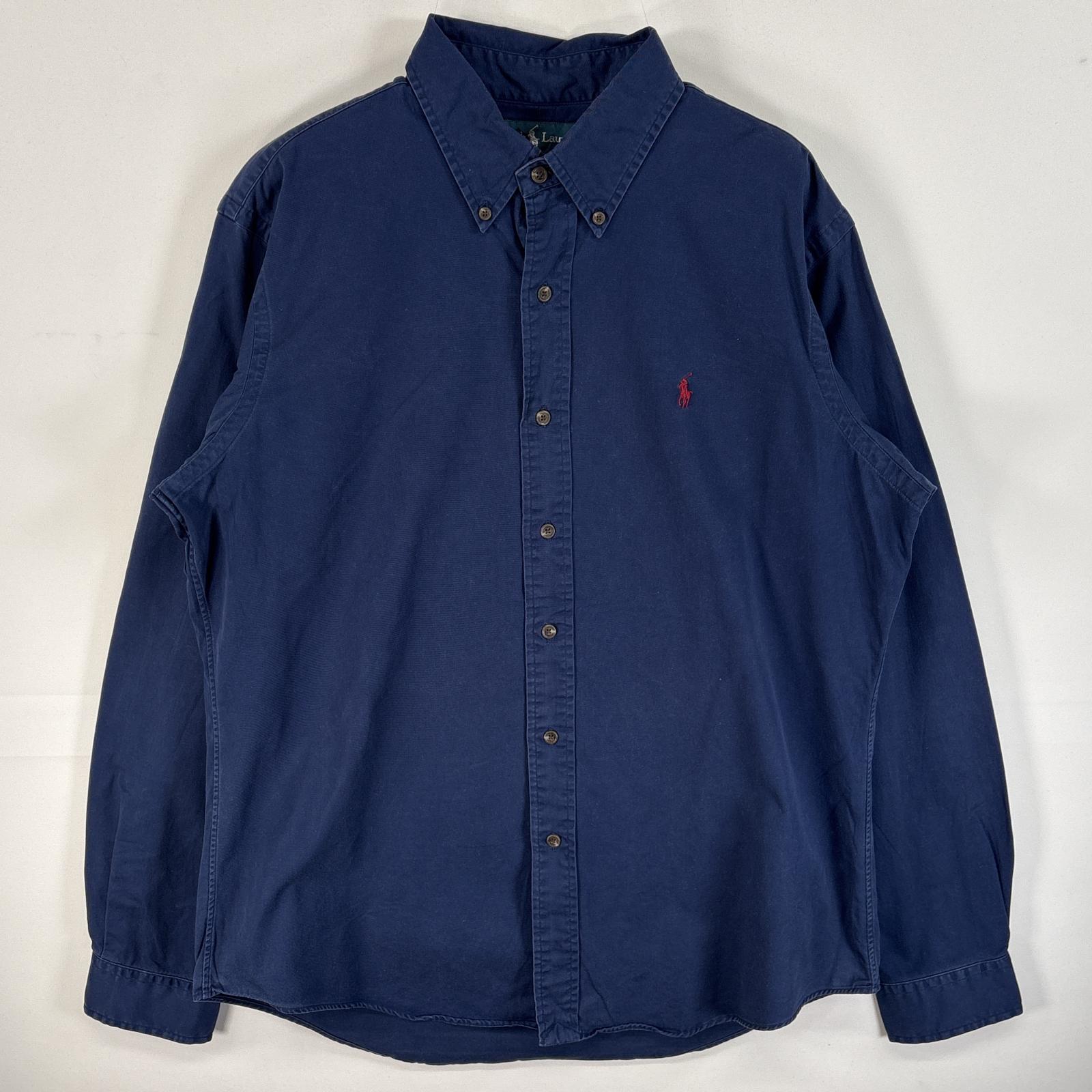 古着 90s/90年代 長袖シャツ ワンポイント ロゴ 刺繍 ボタンダウンシャツ CUSTOM FIT L ネイビー 無地 メンズ