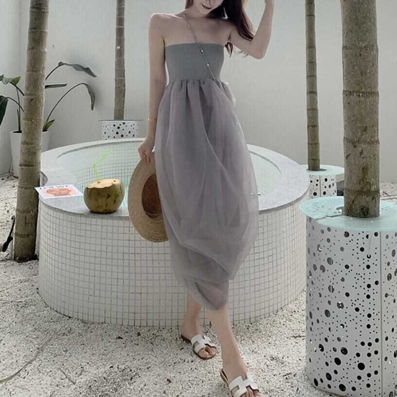 ワンピース 上着 人気 おすすめ おしゃれ お洒落 激安 安い プチプラ オフショルダー 肩出し ノースリーブ ふわふわ ふんわり 膝丈 無地 シースルー シアー 透け ポリエステル lon