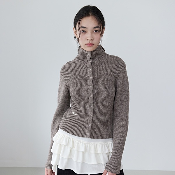 RIBBED HIGH NECK KNIT CARDIGAN BROWN