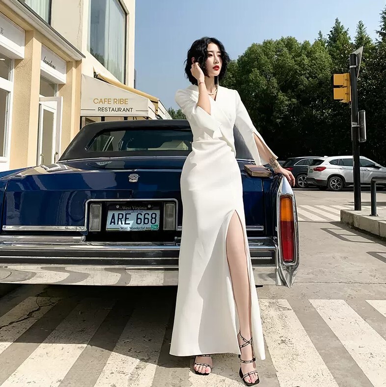 ドレス ワンピース ワンピドレス ロング ロング丈 袖あり 7分袖 七分袖 Vネック スリム タイト 細身 ウエストマーク スリット サイドスリット きれいめ シンプル 大人 上品 おしゃれ お洒落