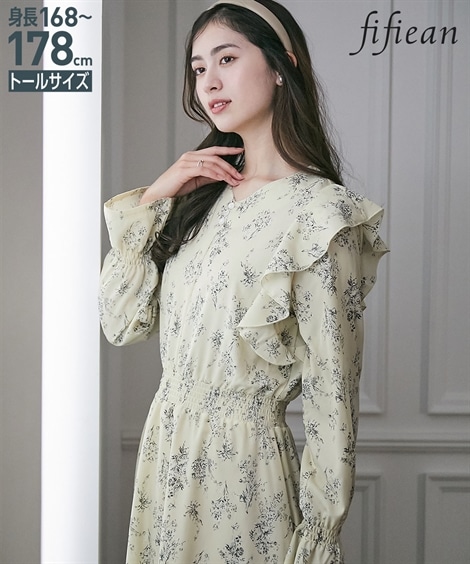 ロングマキシ丈/半袖 高身長　ショルダーフリルプリントマキシワンピース トールサイズ fifiean