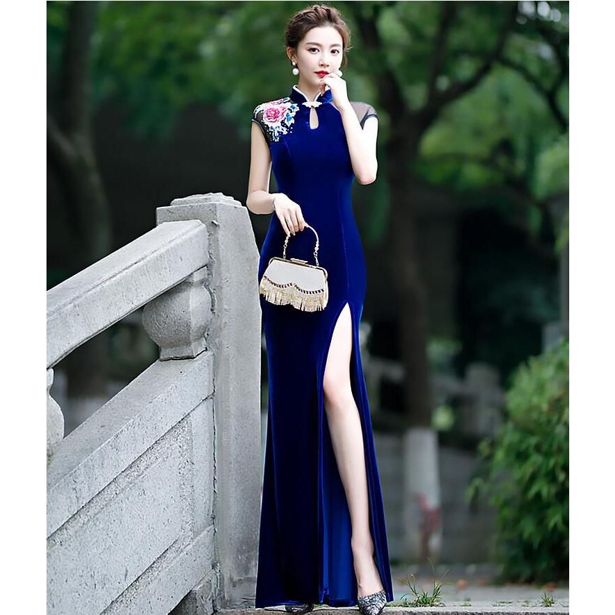 ベルベット チャイナドレス ロング マキシ丈 キャップ スリーブ 中華ドレス 優雅 ハイスリット チュール切替 ラインストーン 立体花 エレガント 中国風 パーティ30%までに制限