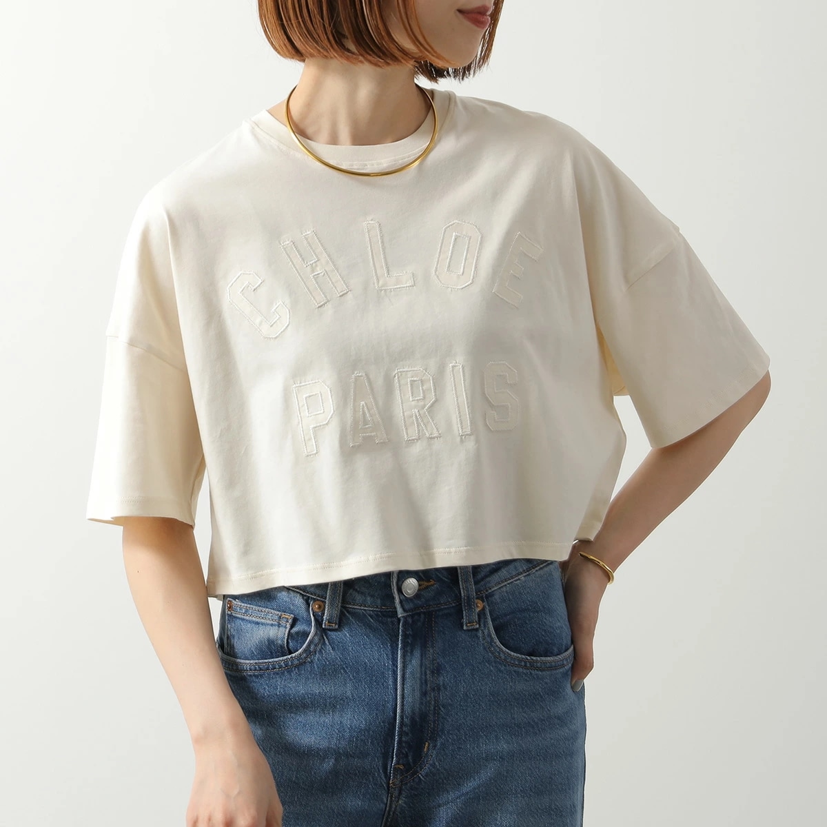 Chloe KIDS クロエ キッズ Tシャツ C20658 レディース ガールズ 半袖 カットソー ロゴT 刺繍 クルーネック クロップド丈 148/IVORY
