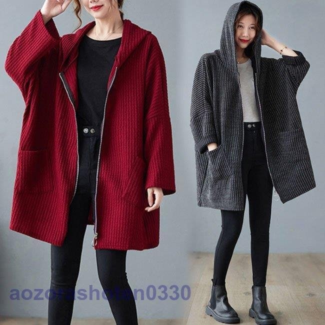 スプリングコート レディース 秋コート フード付き 40代 50代 ニットジャケット オーバーサイズ