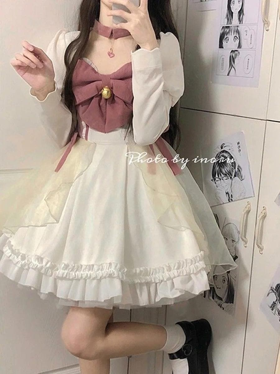 ロリータ コスプレ 春夏 作 蝶結び ティーブレイクドレス バブル袖 ワンピース