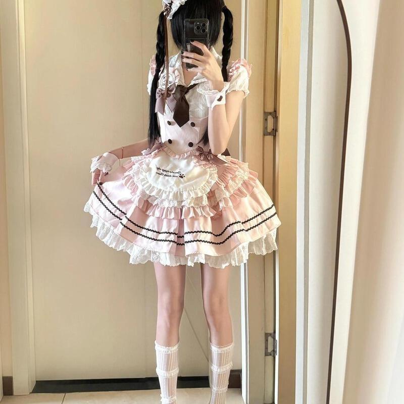 ロールプレイングかわいい女の子のためのレースパッチワークトップちょう結びラッフルベストウエスト締めパフスカート冬ドレス3点セット
