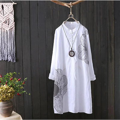 3781Kチュニックロングシャツ花柄レディースワンピースリネン風体型カlバーカットソー着痩せ羽織ゆったり無地春春長袖おしゃれ