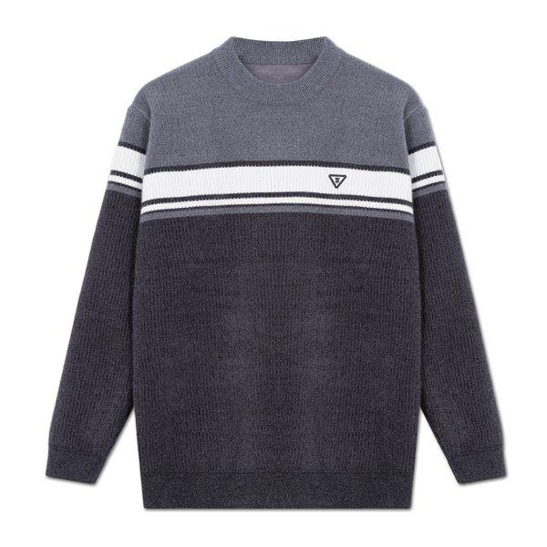 配色起毛裏地ニットボーダーTシャツ 冬 モックネック ハーフジップ スウェットシャツ