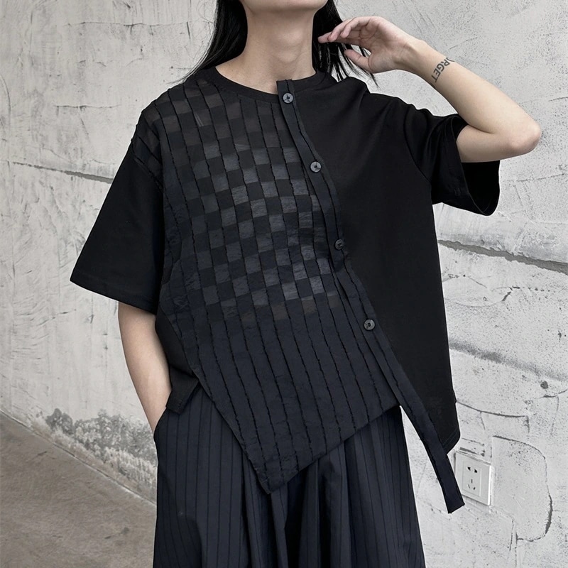 チェック柄不規則丸首tシャツab両面用ゆるい夏半袖ティーシャツ30%制限