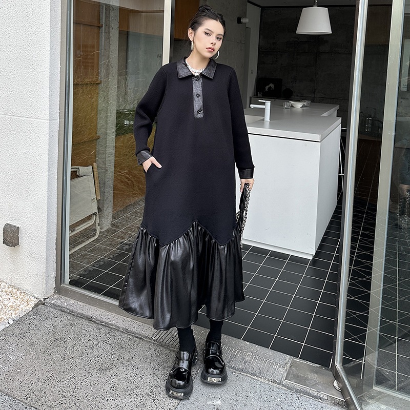 【J.Fashion】 PUレザードッキング ワンピース ニットワンピース おしゃれ 個性的なデザイン レディース ロングワンピース メガ割