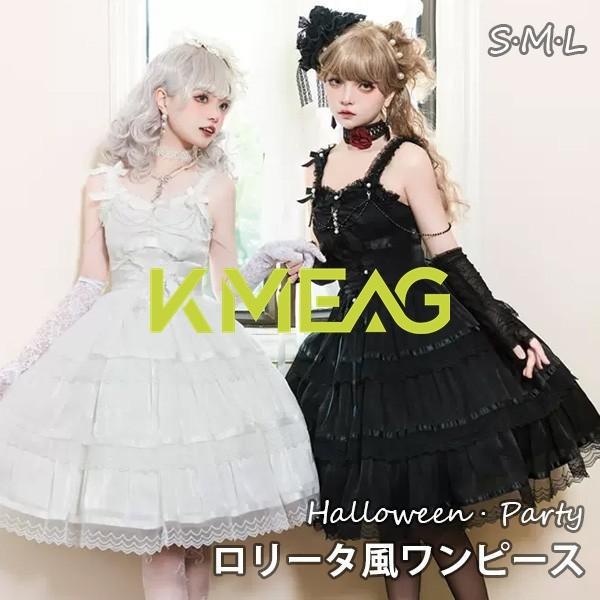 ワンピース ロリータ ハロウィン リボン 膝丈 レディース ゴスロリ ハイウエスト Aライン 暗黒風 ロリィタファッション ノースリーブ フリル ロリータワンピース コスチューム コスプレ 衣装 洋服