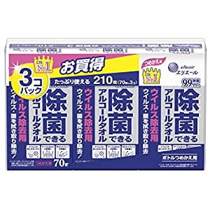 エリエール ウェットティッシュ 除菌 ウイルス除去用 アルコールタイプ ボトル つめかえ用 210枚(70枚3パック) 除菌できるアルコールタオル 【まとめ買い】