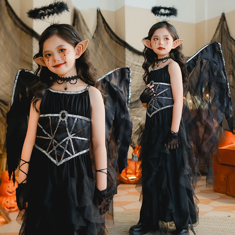 女の子用ハロウィンコスチューム悪魔の天使の羽ダークエルフのドレス黒の子供服