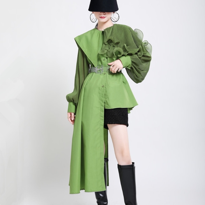 レディース トップス シャツ ロング アシンメトリー 長袖 フリル袖 ドッキング フェミニン ストリート 切り替えデザイン かわいい 大人可愛い きれいめ カジュアル 上品 おしゃれ かっこいい