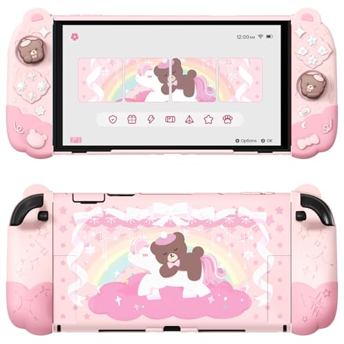 【互換品】ピンク Switch2用ドック対応保護カバーセット switch 2ドック対応 スイッチ２対応着脱式 耐衝撃 傷防止 可愛いシリコングリップ＆くまちゃんスティックカバー付き