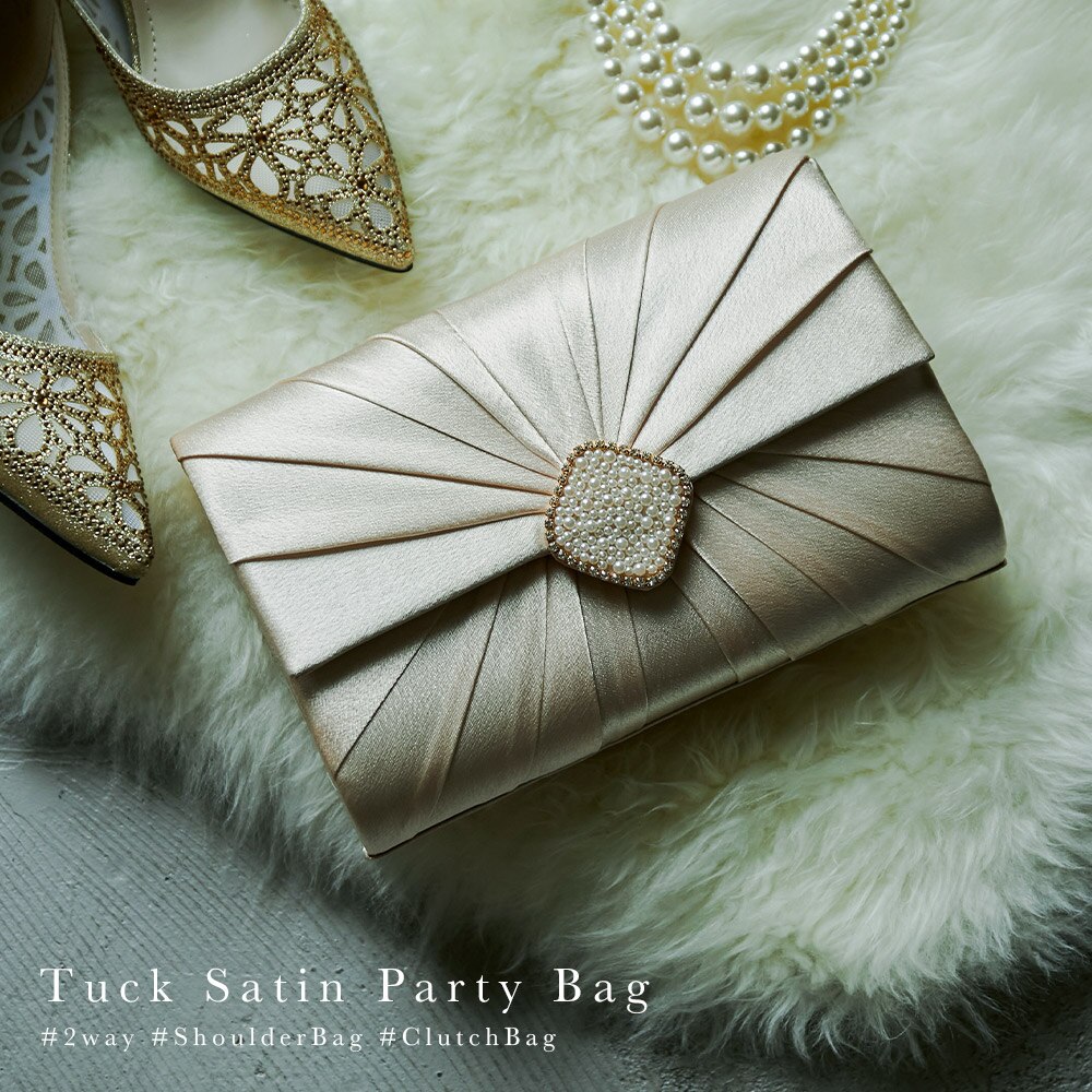 パーティー クラッチ パーティーバッグ ハンドバッグ サテン プリーツ ビーズ ビジュー 刺繍 ゴー