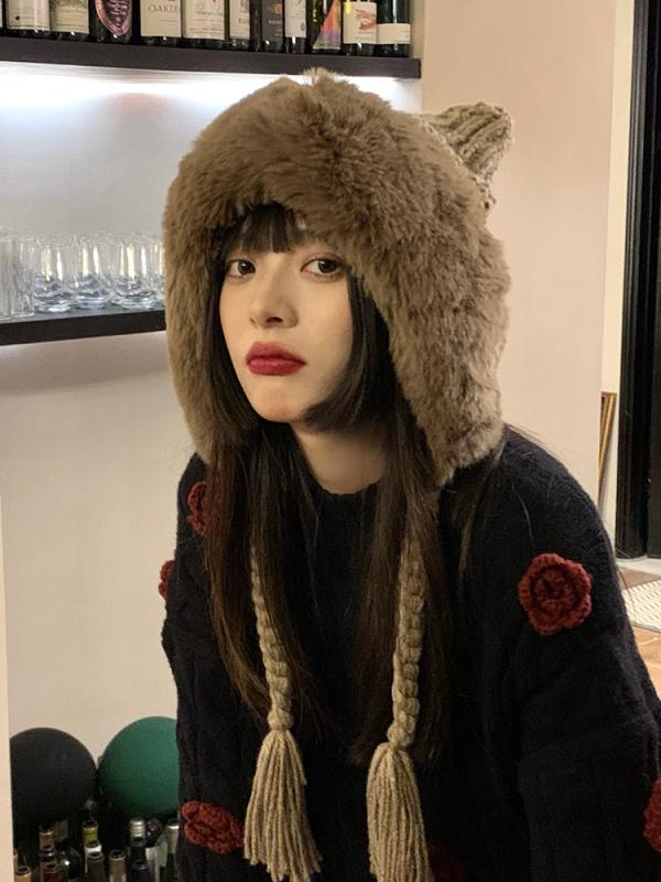 耳隠れる帽子 レディース 冬 きつね耳 大人 厚手 防寒 保温 ウール 秋 かわいい 被り物 アウトドア コスプレ お出かけ 黒 白 茶