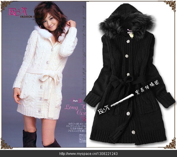 Qoo10 ファー付きフードニットコート ファーフー レディース服