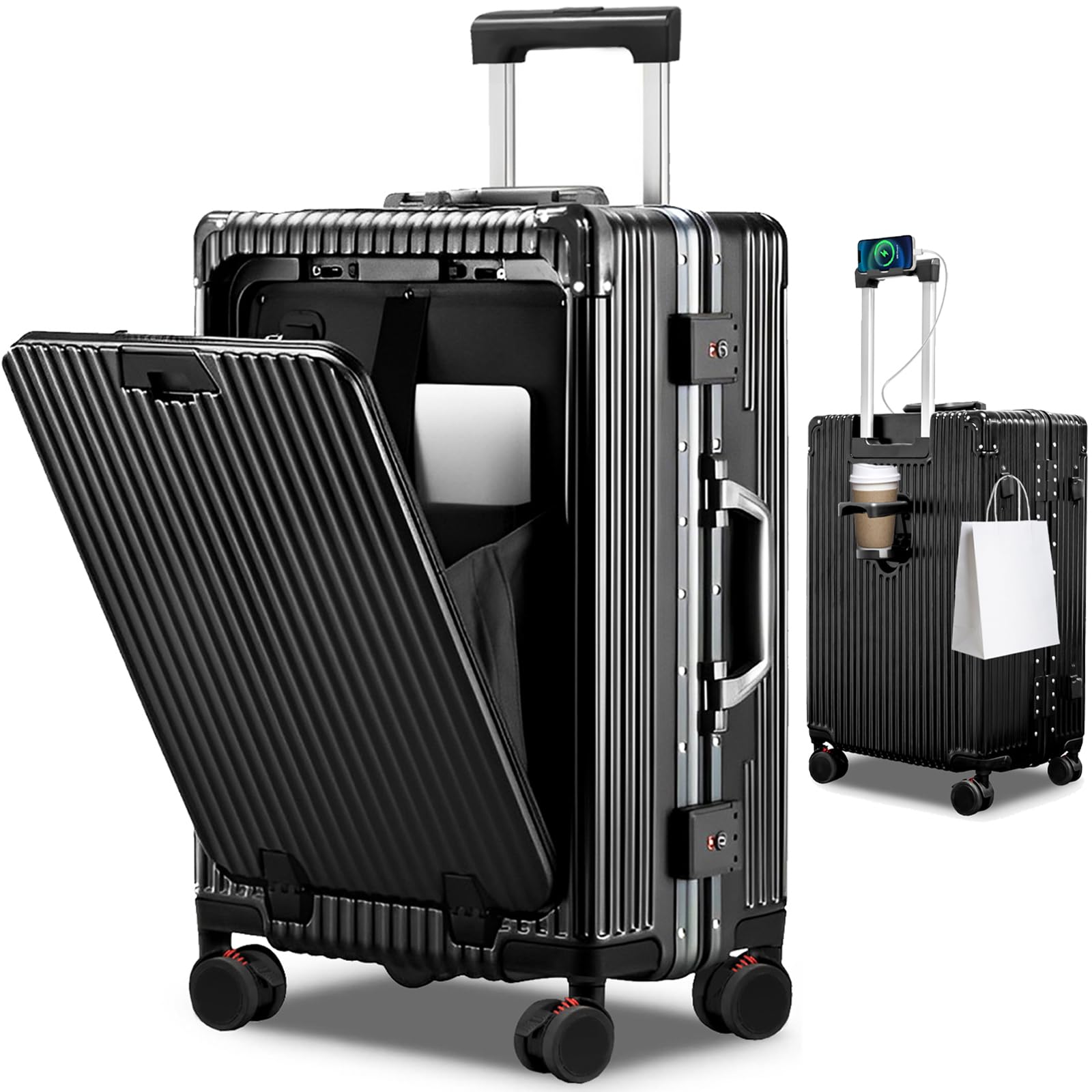 [HAIKUSOUBI] スーツケース キャリーケース アルミフレームタイプ 多機能 黒 USBポート付き キャリーバッグ カップホルダー付き フック機能 スマートフォンスタンド付き TSAロック 充