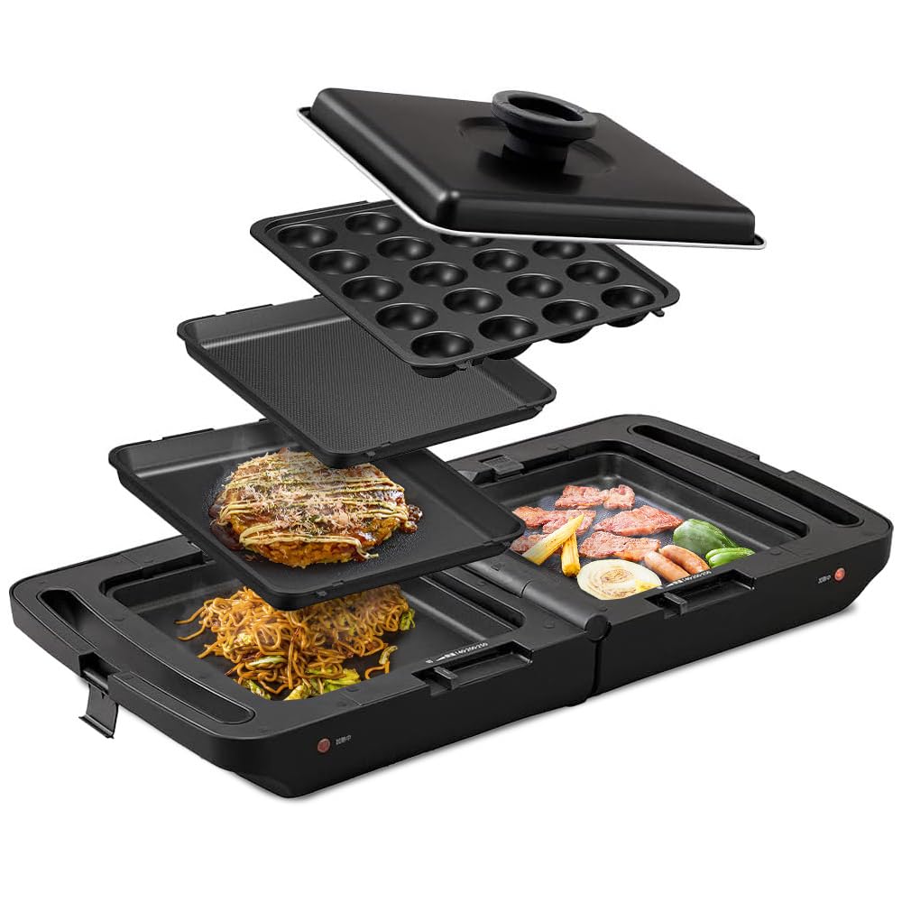 アイリスオーヤマ ホットプレート 両面ホットプレート 平面プレート たこ焼きプレート 焼き肉プレート 3枚 蓋付き 折り畳み 同時調理 丸洗い可 保証付き コンパクト収納 DPOL-301-B ブラッ