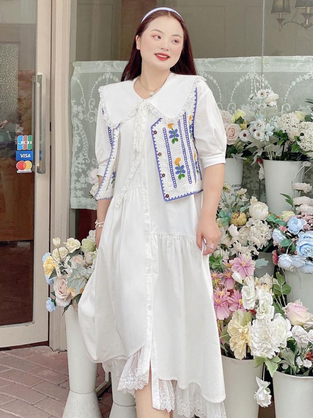 【短納期】プラスサイズ スウィートロリータ OP ドレス ベスト 2 点セット ポリエステル 半袖 スウィート ドレス ホワイト ロリータ