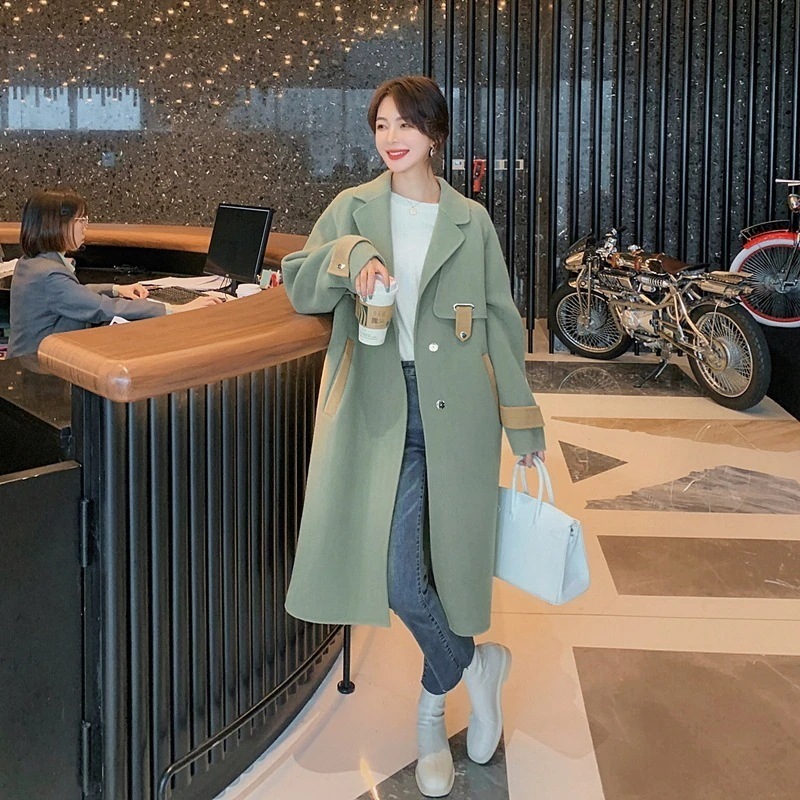 可愛い春トレンチコート折襟ファーコートレディース服韓国ファッションカシミアアウターロングトップス2023人気新作