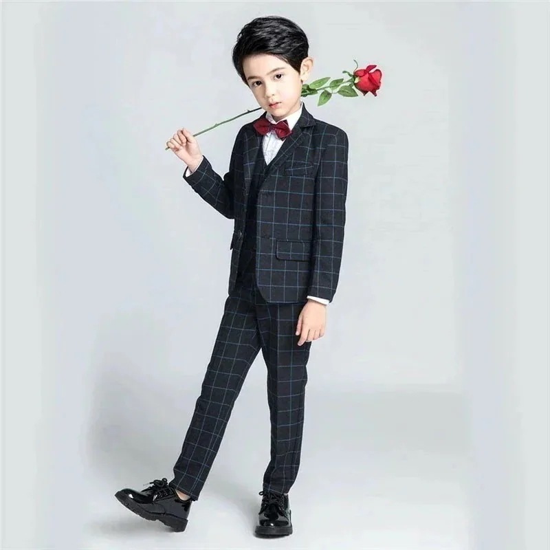 子供 スーツ フォーマルスーツ ピアノ 発表会 結婚式 お受験 ジュニアスーツ 春 夏 秋 冬黒 5点セット 男の子 チェック ジュニアスーツ