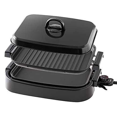 [山善] ホットプレート 2WAY (平面プレート/波形プレート) 着脱式 ワンタッチ操作 蓋付き フッ素コーティング ブラック EDH-W1300(B)