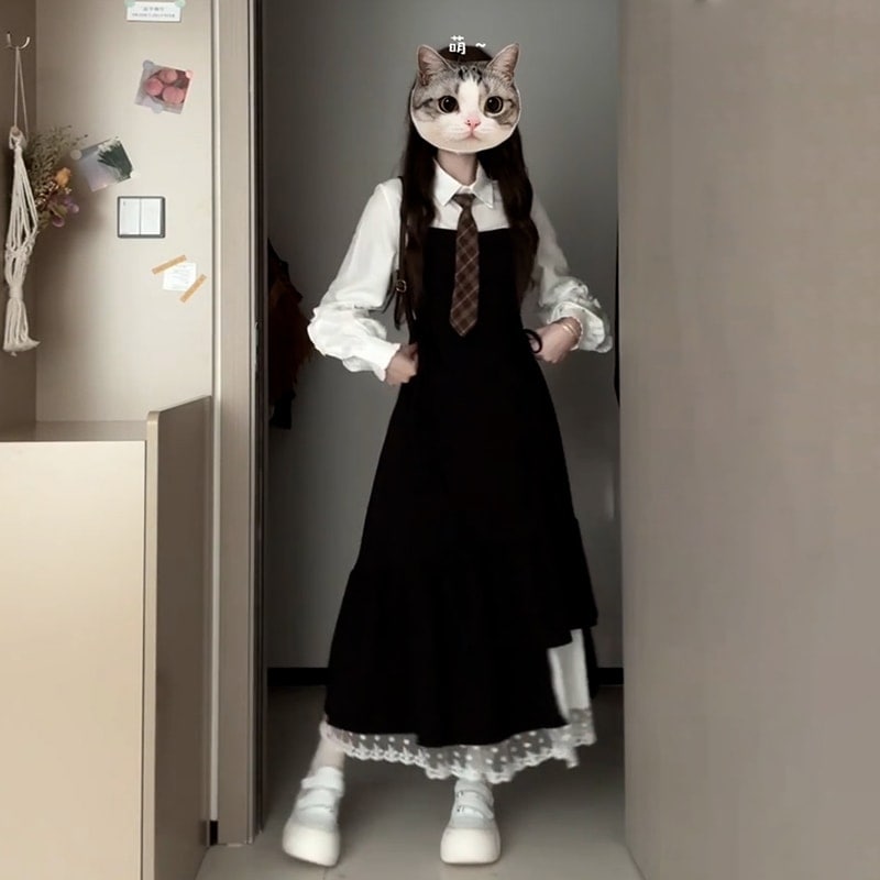 2024初秋新作黒サスペンダーワンピース婦人服春秋カレッジ風韓国風ロングスカートスーツ